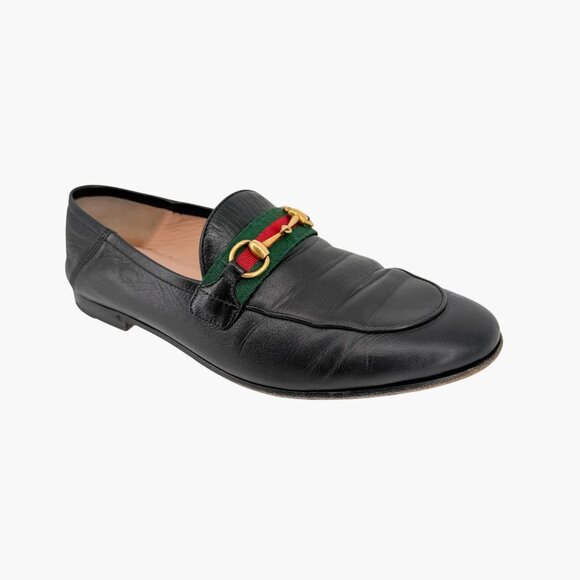 Gucci Brixton Black Leather Web Stripe Horsebit Loafers Size 38.5 US 8.5 Women's - Picture 9 of 15